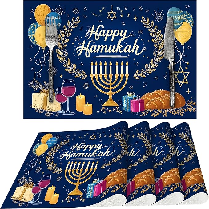 Hanukkah Placemats Set of 4 Washable Table Place Mats for Dining Kitchen Party Decor