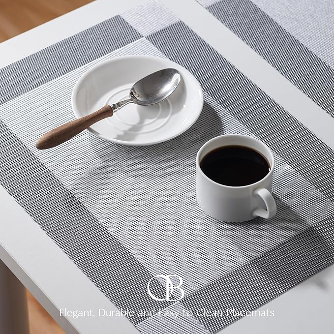 Placemats Set of 6 - Easy Clean Woven Vinyl Placemats for Dining Table, Indoor/Outdoor Place Mats, Washable PVC Table Mats （Silver Cube）