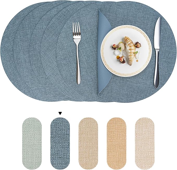 Round Wipeable Placemats Set of 2 – Faux Leather Round Table Mats, Waterproof & Washable Vinyl Placemats, Circle Design for Dining Table Decor– Charcoal Blue