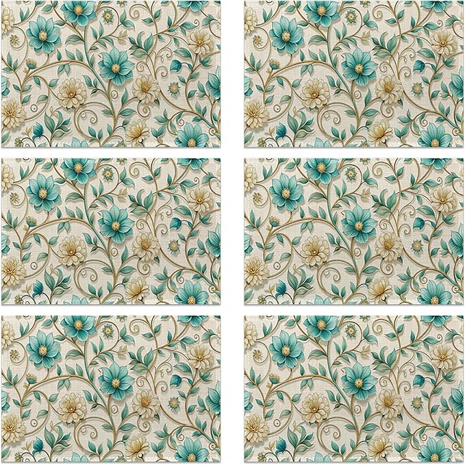 Abstract Gold Flower Placemats Set of 6, Linen Washable for Christmas, Thanksgiving, Party, and Daily Dining, Decorative Table Mats for 4-6 Person Table
