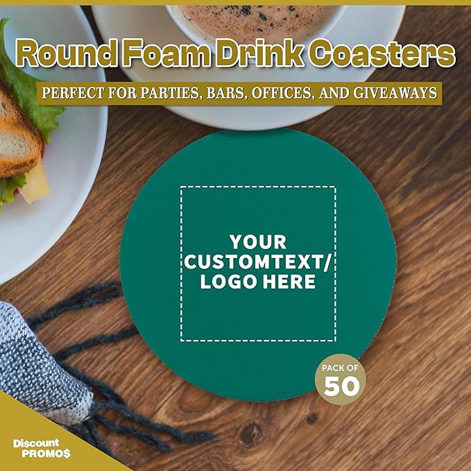 50 Round Foam Bud Coasters Pack, 4 inch - Customizable Text, Logo - PU Foam, Party Favor - Turquoise