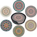 Mandala Pattern Coasters Leather Round Drink Coasters 6 Pcs Set with Holderor for Cup Drink Coffee Table Bar Home Decor
