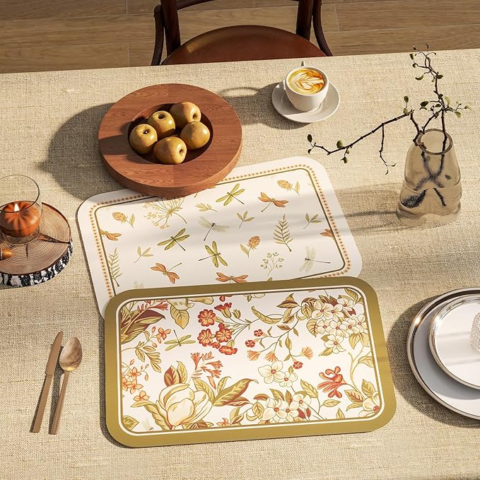 ISAENNE Grey Green Placemats Set of 6,Rectangular PVC Placemats, Waterproof and Heat-Resistant Botanical Floral Pattern,Decoration for Kitchen,Dinning,Parties, Holiday,12"*17"