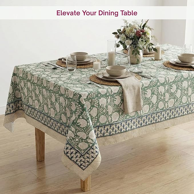 ATOSII Jade 100% Cotton Boho Square Summer Tablecloth, Block Print Floral Table Cloth Linen for Dining, Parties, Weddings, Outdoors Table Decor I 60 X 60 Inches I 4 Seater I