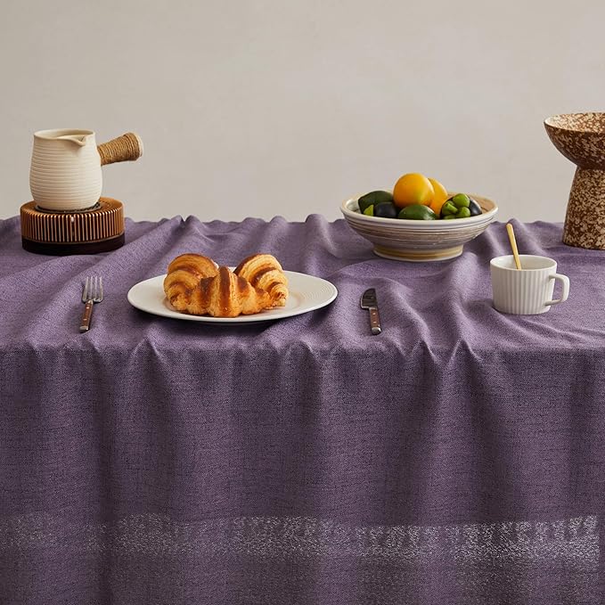 Linen Tablecloth with Tassels, Farmhouse Style Purple Tablecloth, Water Resistant Burlap Tablecloths for Square Table, 60x60 Inch Purple