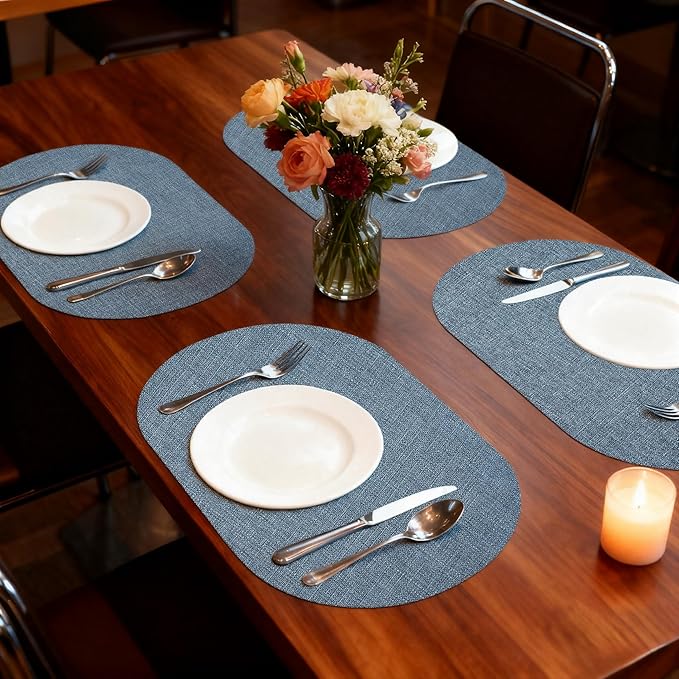 Oval Placemats for Dining Table Set of 2, Washable Leather Table Mats, Waterproof Heat-Resistant Non-Slip Kitchen Placemats, Simple Style Oval Design
