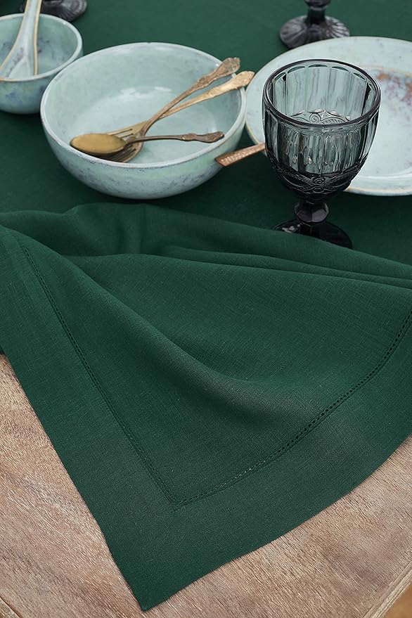 Solino Home Linen Tablecloth 60 x 120 Inch - Classic Hemstitch 100% Pure Linen Rainforest Green Table Cloth for Rectangle Tables - Machine Washable Tablecloth for St Patricks Day