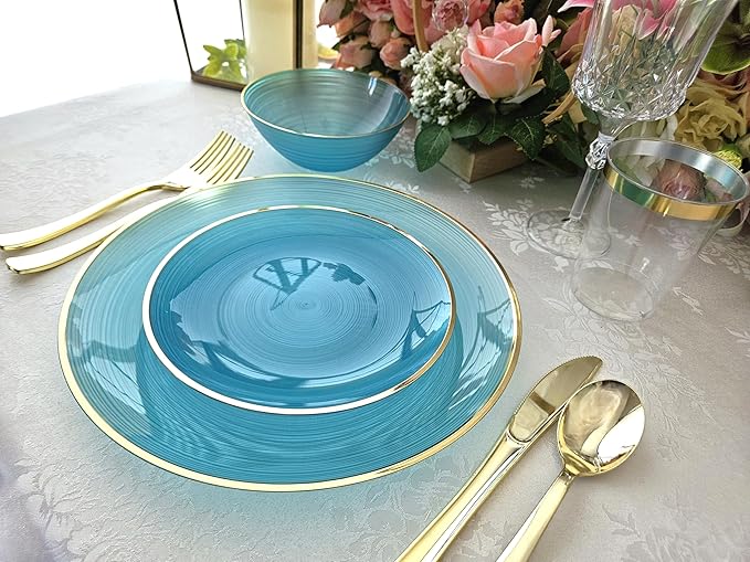 " OCCASIONS " 240 Plates Pack,(120 Guests) Premium Wedding Party Disposable Plastic Plates Set -120 x 10'' Dinner + 120 x 7'' Salad/Dessert (Belize, Aqua & Gold)
