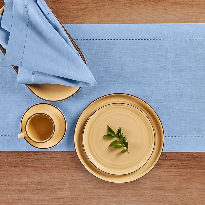 Solino Home Linen Cornflower Blue Hemstitch Table Runner 48 Inches - 100% Pure Linen Table Runner 14 x 48 Inch Ideal for Dresser and Coffee Tables - Classic Hemstitch - Spring, Easter