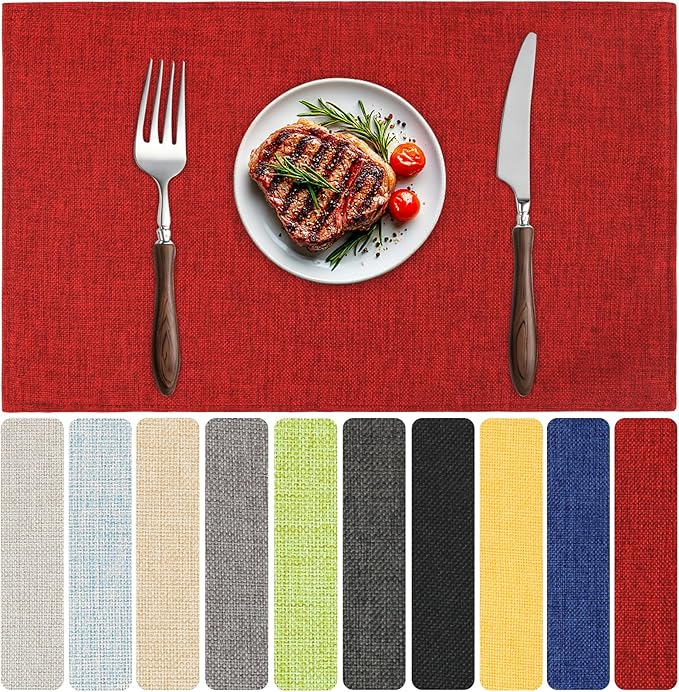 Blue Forest Placemats Set of 8, Dual-Layered Thickened Faux Line Table Mats Heat Resistant Machine Washable Wrinkle Free Place Mats for Kitchen Dining Outdoor/Indoor (Red)