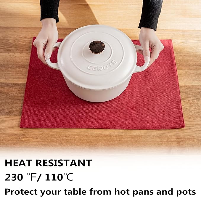 Demetex Valentines Placemats Set of 6 Red Linen Wipeable Place Mats Heat Resistant Cloth Placemats for Dining Table Restaurants Holiday, 13 x 19 inches, Wine Red