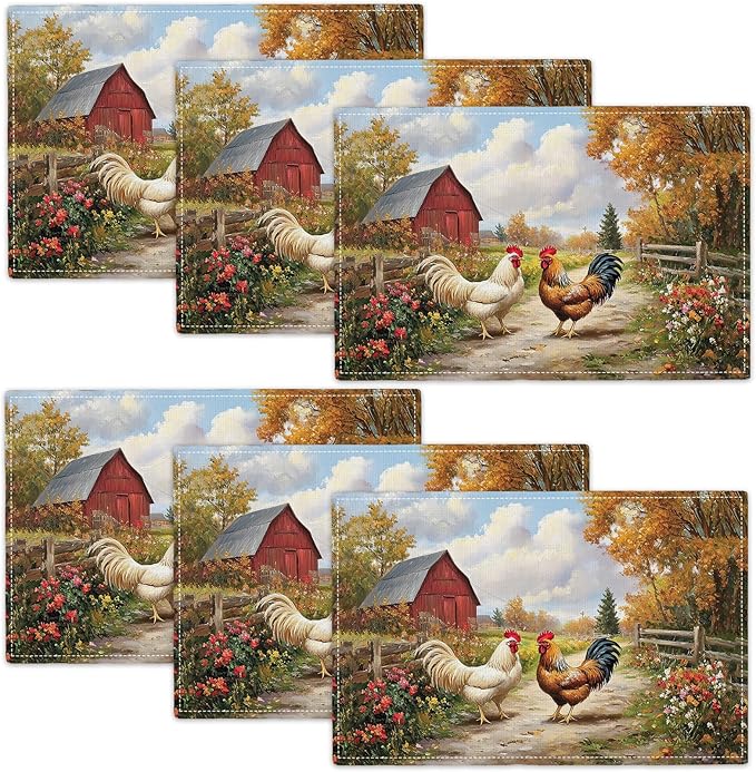 Farmhouse Rooster Placemats Set of 6, Farm Chicken Place Mats, Rustic Farm Coop Waterproof Washable Table Mats for Home Party Indoor Kitchen Dining Table Decoration 12x18 Inch