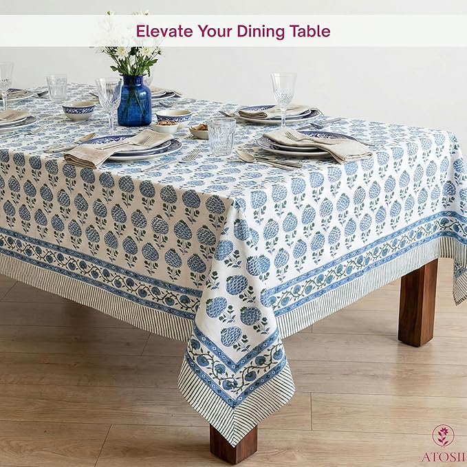 ATOSII Roma Blue 100% Cotton Boho Square Fall Tablecloth, Handblock Floral Print Table Cloth Linen for Kitchen Dining I Parties, Outdoors, Weddings, Christmas, Thanksgiving Decor 60 X 60 Inches