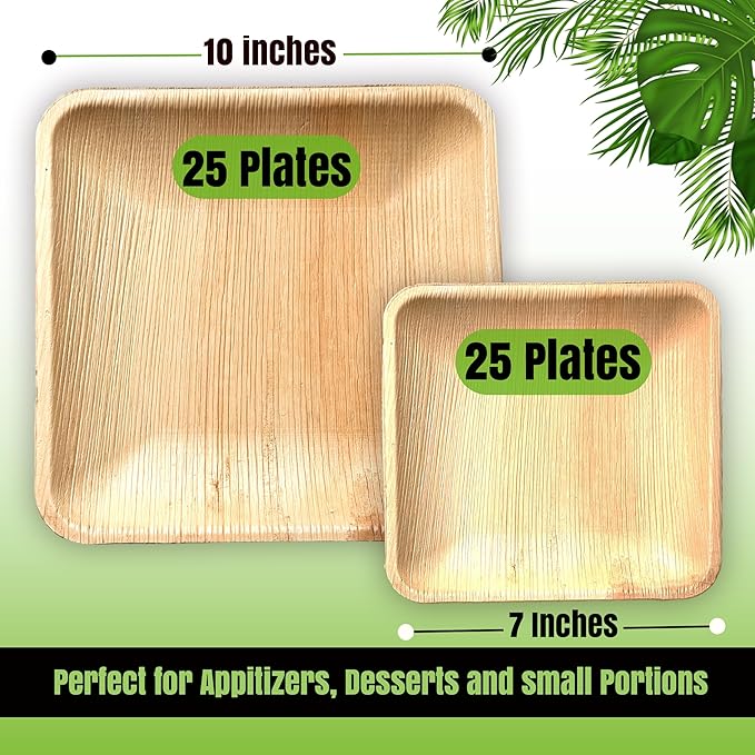 Palm Leaf Plates 10 Inch & 7 Inch (50-Pack), Square Bamboo Plates Disposable, Eco-Friendly, Biodegradable & Compostable Bamboo Appetizer Plates, Perfect Dinnerware for Desserts, Snacks, & Parties