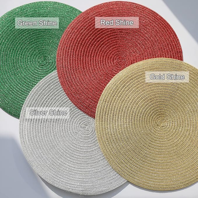 AHHFSMEI Round Braided Placemats 15 Inch Round Table Mats for Dining Tables Natural Woven Heat Resistant Place mats Set of 6 (Gold Shine)