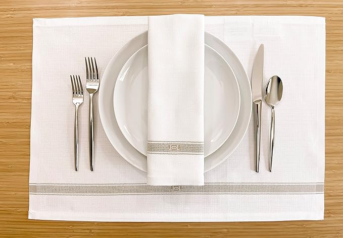 Premium Cloth Striped Placemats Set of 4 – 100% Soft Durable Jacquard Woven Cotton Table Placemats with Stain-Release Fabric – Machine Washable for Dining Table – Taupe, 20"x14"