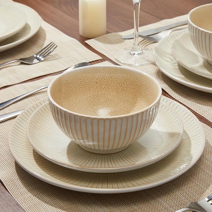 Ceramic Dinnerware Sets for 4, 12 Pieces Embossed Stoneware Plates and Bowls Sets, Scratch Resistant Dish Sets, Distinctive Granulated Surface, Housewarming Wedding Gift, Brown