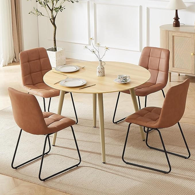 43.3 Inch Round Dining Table Set for 4, Modern Small Kitchen Coffee Set for Dining Room Kitchen Apartment (Cream Table+4 U-Shaped Brown Chairs)