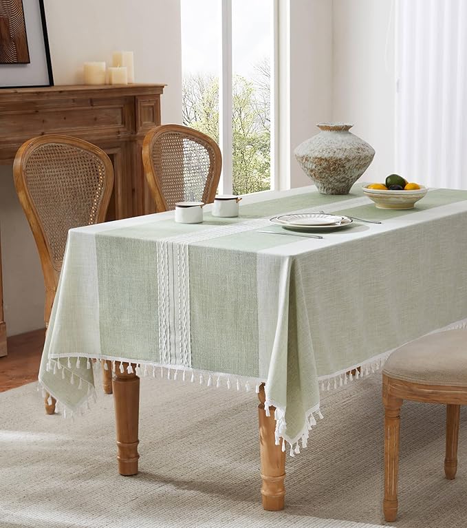 ZeeMart Contrast Linen Table Cloth Rectangle Table Cloths 60x84 Inch Mid-Stripe Green, Farmhouse Style Heavy Weight Sage Green Tablecloth, Water Resistant Burlap Tablecloths