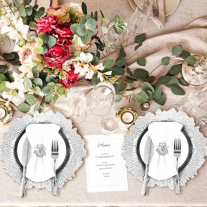 Dandat 48 Pcs Charger Plate Bulk 13'' Floral Reef Plates with Napkin Ring Plastic Dinner Charger Hollow Out Flower Napkin Holder Plastic Plate for Table Setting Wedding Party (Silver)