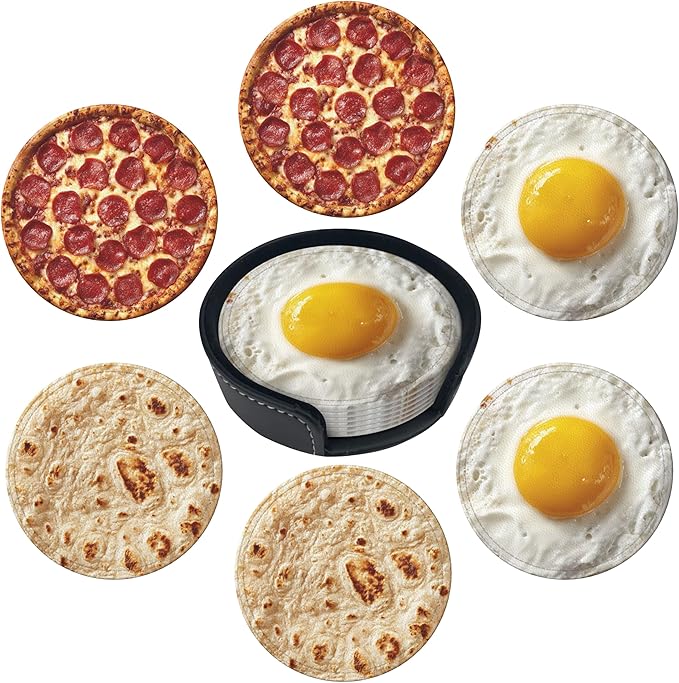 Food Coasters Leather Round Drink Coasters 6 Pcs Set with Holderor for Cup Drink Coffee Table Bar Home Decor