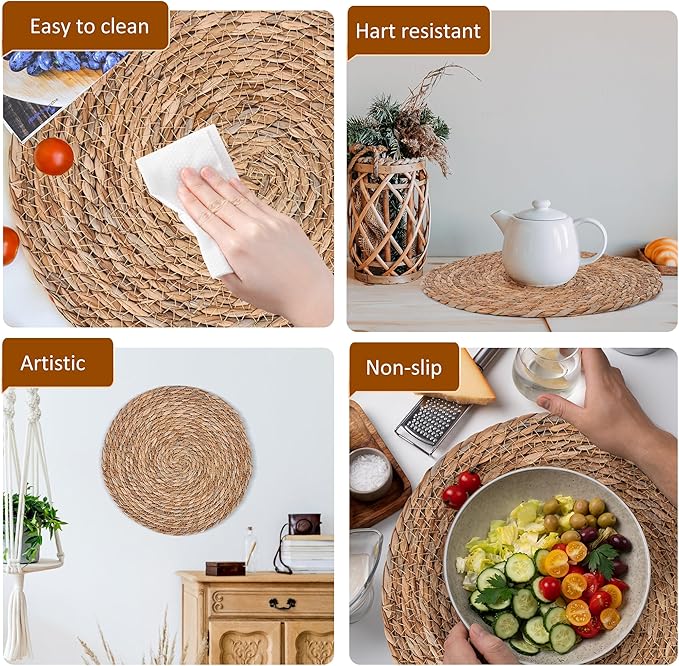 GENMOUS Woven Placemats Set of 10, 13" Round Placemats Natural Water Hyacinth Boho Placemats,Farmhouse Rattan Chargers for Dinner Plates,Rustic Braided Wicker Table Mats for Thanksgiving,Home,Wedding