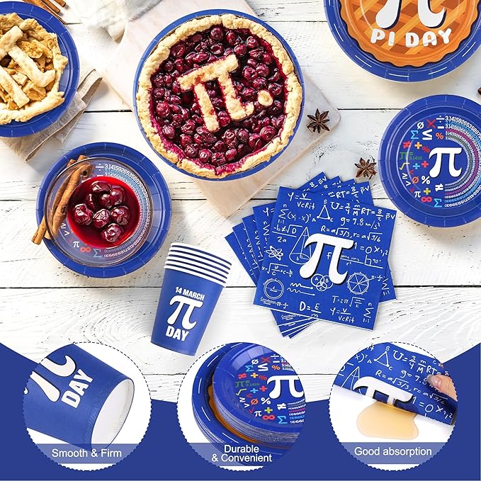 Kochorie 96 Pieces Pi Symbol Pie Plates and Napkins Party Supplies Happy Pi Day Disposable Tableware Set Include 9 Inch/7 Inch Paper Plates Cups Napkins Serve 24 Guest for Math Theme Party Decor