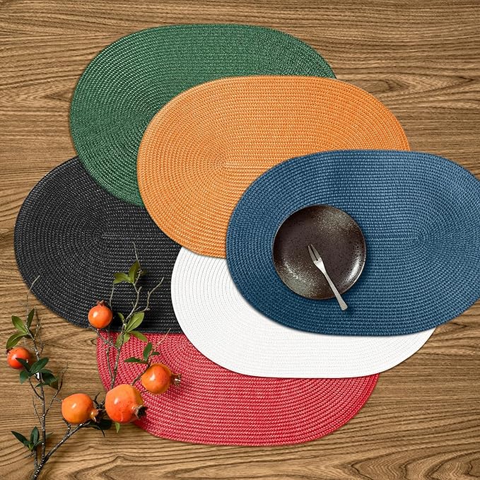 FunWheat Oval Braided Placemats Set of 8 Table Mats for Dining Tables Washable Heat Resistant Place Mats for Indoor Outdoor Use 12 x18 Inch(Oval Red, 8pcs)