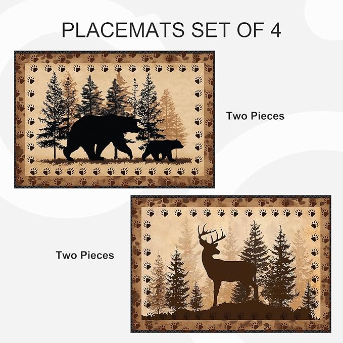 Bear and Deer Placemats Set of 4 Washable Table Place Mats for Dining Kitchen Party Decor