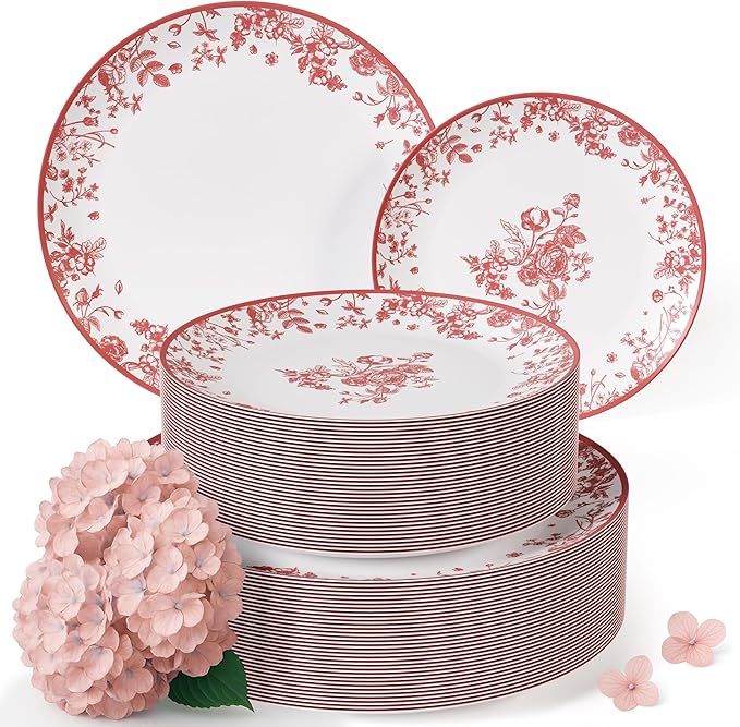 Trendables Disposable Plates For Party Supplies | Pink Floral Plastic Plates For Wedding 40 Pcs - 20 X 8 & 20 X 10 Dinner Plate Sets | Floral Plate Set Disposable Plastic Dinnerware Sets