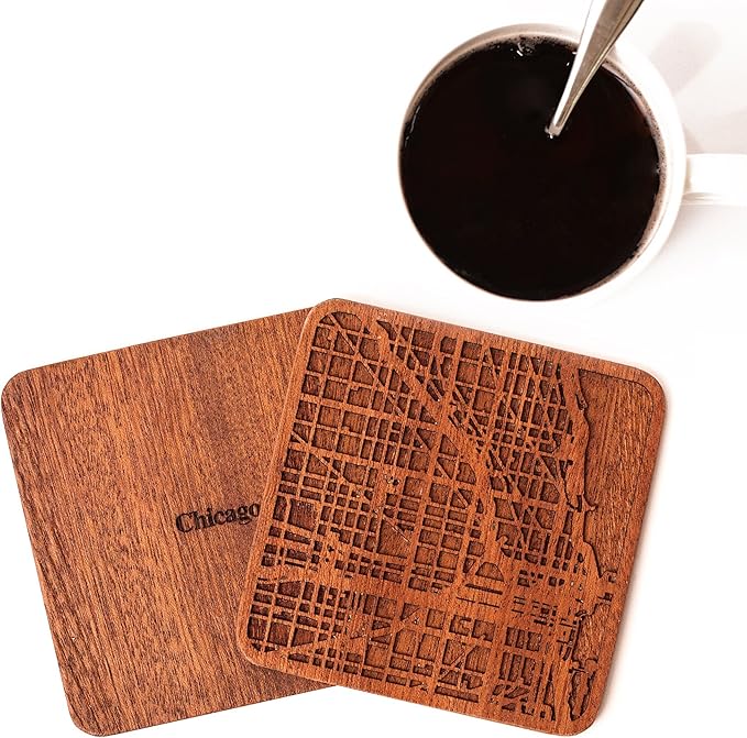 Chicago Map Coaster by O3 Design Studio, Set Of 4, Sapele Wooden Coaster With City Map, Handmade