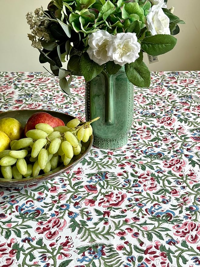 ATOSII Ambrosia 100% Cotton Square Boho Spring Summer Tablecloth, Handblock Floral Table Cloth Linen for Kitchen Dining Parties Wedding Outdoors Easter I 60 X 60 Inches I 4 Seater