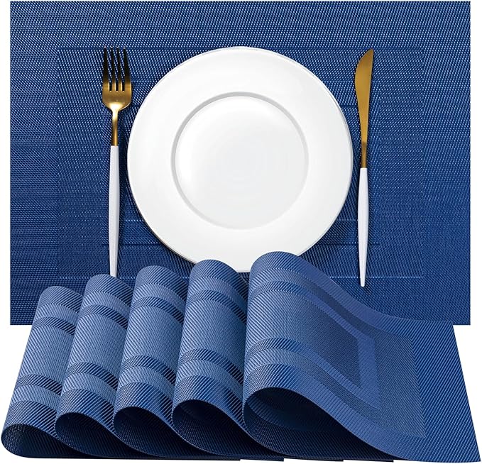 Placemats Set of 12 - Easy Clean Woven Vinyl Placemats for Dining Table, Indoor/Outdoor Place Mats, Washable PVC Table Mats（Navy Cube）