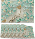Golden Butterfly and Green Flowers Place Mats Set of 6, Table Mats,Heat Insulation Non Slip Washable Dining Placemats for Wedding Holiday Party Kitchen Decor 12X18 in