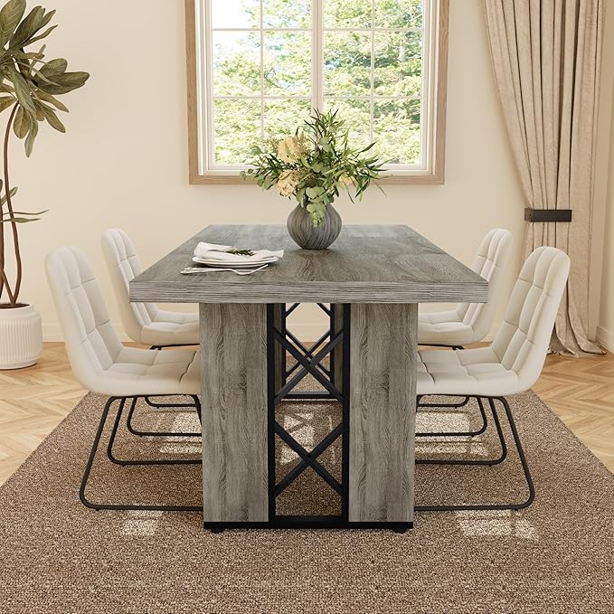 7-Piece Dining Table Set for 6 People, 70.8" MDF Kitchen Table with 6 Upholstered Chairs, Space-Saving for Dining Room, Breakfast Nook(Grey Table+6 White Chairs)