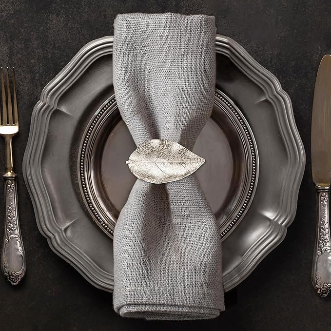 Decozen Set of 4 Silver Napkin Rings in Leaf Design, Festive, Table Decor Setting for Holiday, Wedding, Birthday, Kitchen, Home Decor, Housewarming Gift - Mothers Day Decorations