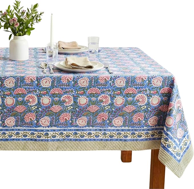ATOSII Clover Pink 100% Cotton Rectangle Boho Fall Tablecloth, Handblock Floral Table Cloth Linen for Kitchen Dining I Parties Wedding Outdoors Christmas Thanksgiving I 72 X 108 Inches I 8 Seater