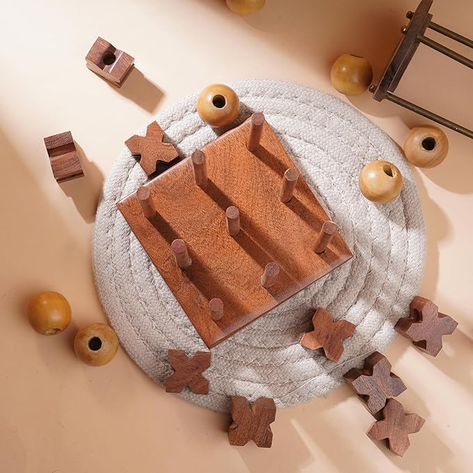 Ajuny 3D Wooden Tic Tac Toe Board Game for Indoor, Outdoor, Travel Rustic Coffee Table Decor Games - Ideal Gift for All Ages Strategy 2 Players Night, Family Game