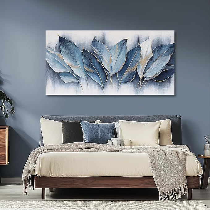 Framed Art Wall Decorations Blue Leaves Canvas Wall Art Abstract Art Modern Artwork For Living Room Bedroom Dining Room Home Office Decor 29"X58"