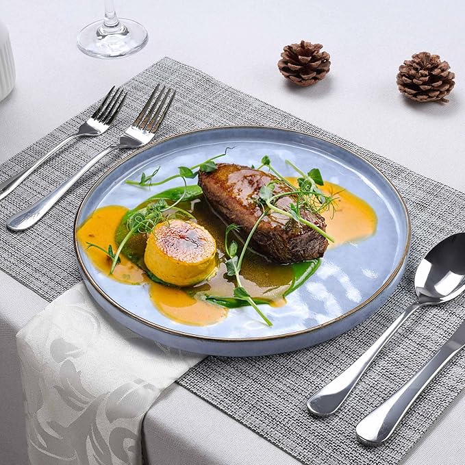 LIANYU 6PCS Ceramic Flat Dinner Plates Set, Porcelain Salad Appetizer Dishes with High Edge, 10.2” Dessert Plates Set, Microwave, Oven, dishwasher Safe, Chip & Scratch Resistant, Serenity Blue