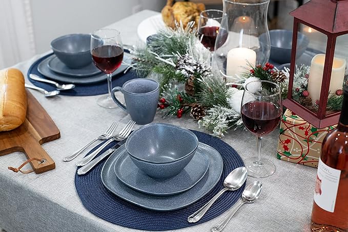 Elanze Designs 16-Piece Modern Luxury Chic Smooth Vintage Handmade Shape Matte Finish Ceramic Stoneware Square Plate Mug & Bowl Kitchen Dinnerware 16 Piece Set - Service for 4, Dove Grey