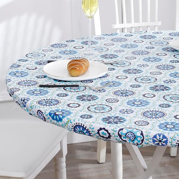 Walrus Round Vinyl Fitted Tablecloth with Flannel Backing Elastic Edge Design Table Cover Waterproof Oil-Proof PVC Table Cloth Stain-Resistant Best for 37"-44" Round