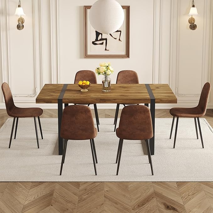 Dining Table Set for 6, Modern 71'' Dark Wood Dining Table and Fabric Dining Chairs Set of 6,Table and Chairs Set of 6,Ideal for Kitchen Dining Room
