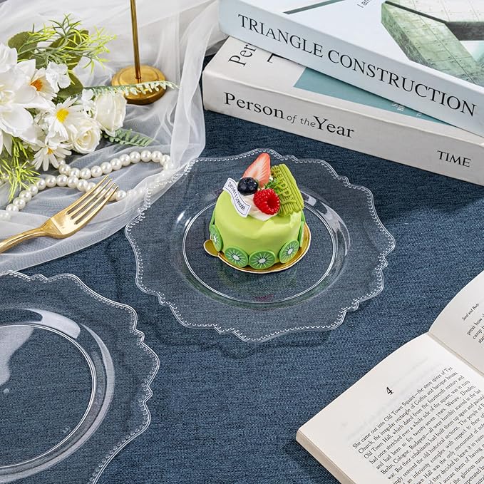 COLOSUS 100pcs 7.5 Inch Clear Plastic Dessert Plates-Heavy Duty Disposable Plastic Cake Plates,Premium Salad Plate,Fancy Disposable Cake Plate for Party for Party Thanksgiving and Everyday Use
