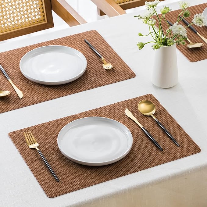 Jovono Faux Leather Placemats Set of 8, Waterproof Washable Table Mats, Easy-Clean Heat Resistant Kitchen Vinyl Place Mat for Dining Table, Restaurant, Indoor, 17.8"x11.8", Brown