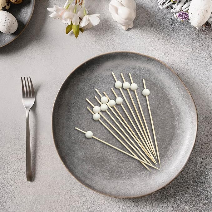 Minisland Milky White Pearl Cocktail Picks, 4.7 Inch Long Bamboo Fancy Toothpicks for Appetizers, Decorative Easter Holiday Wedding Party Food Drink Garnish Fruit Skewer Sticks 100 Counts - MSL455