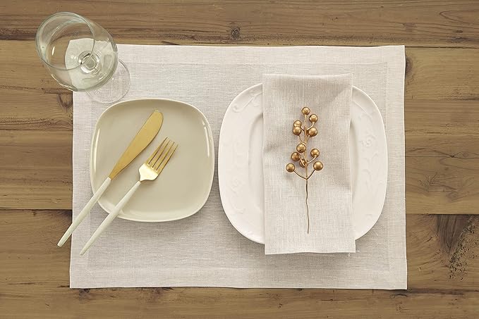Solino Home Linen Placemats Set of 6 - Light Natural Placemats 14 x 19 Inch - 100% Pure Linen Table Mats for Spring, Easter - Athena