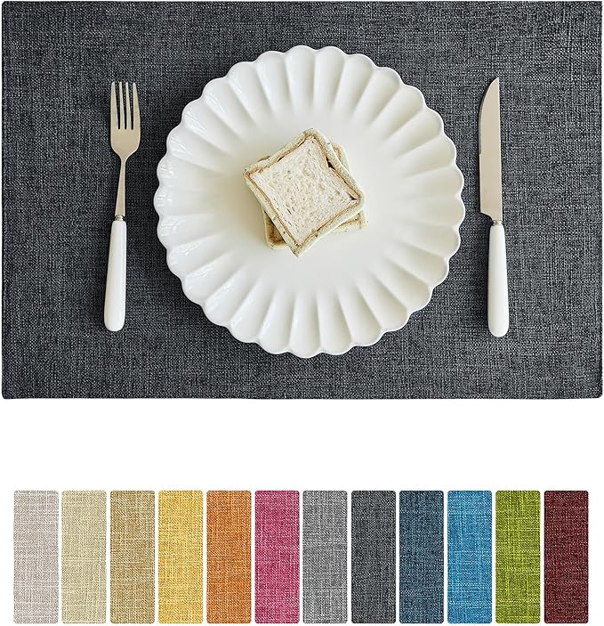 Softalker Faux Linen Placemats Set of 6-12 x 18 Inch, Heat Resistant Double Layered Durable Burlap Farmhouse Place Mats, Non-Slip Washable Rustic Table Mats for Dining, Kitchen, Party（Dark Grey