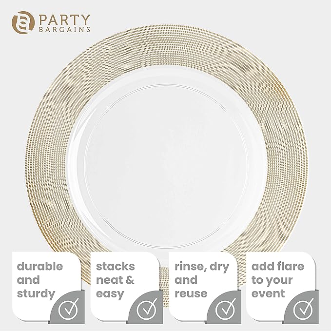PARTY BARGAINS 13-Inch Charger Plates - 48 Pack, Clear Gold Rope Textured Rim, Heavy-Duty Disposable Chargers for Elegant Dining - Ideal for Weddings and Formal Events