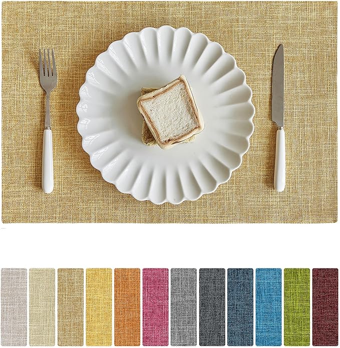 Softalker Faux Linen Placemats Set of 6-12 x 18 Inch, Heat Resistant Double Layered Durable Burlap Farmhouse Place Mats, Non-Slip Washable Rustic Table Mats for Dining, Kitchen, Party（Khaki